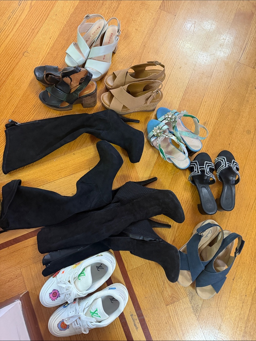 Assorted Women's Shoes - Black Over-the-Knee Boots and Mixed Sandals